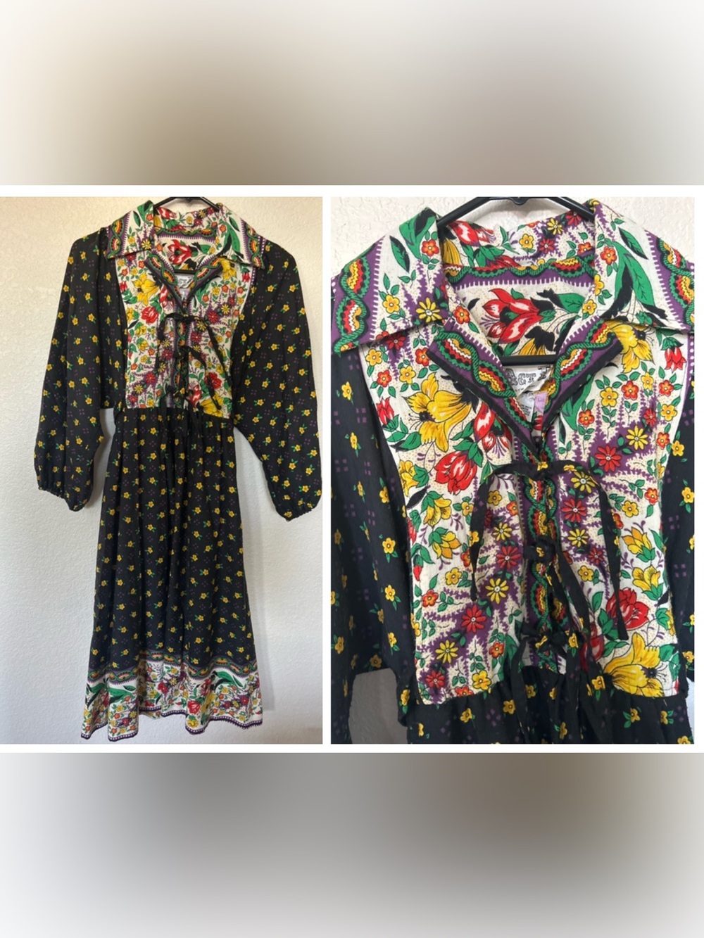 Act I Vintage dress 9 Original 1970s bohemian dual pattern Tie back waist EUC
